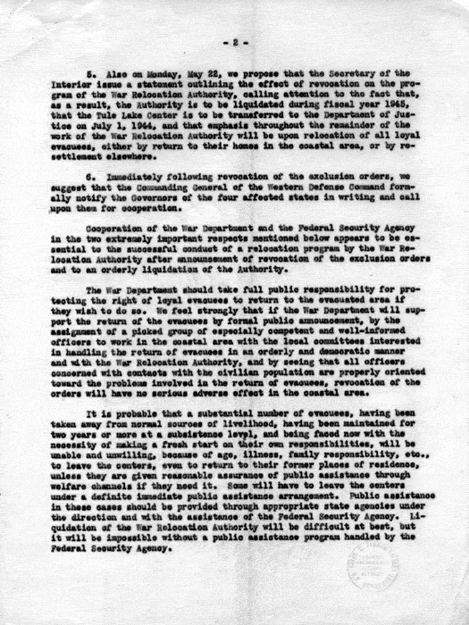 Memorandum, Dillon S. Myer to the Secretary of the Interior, May 10, 1944. Papers of Dillon S. Myer.