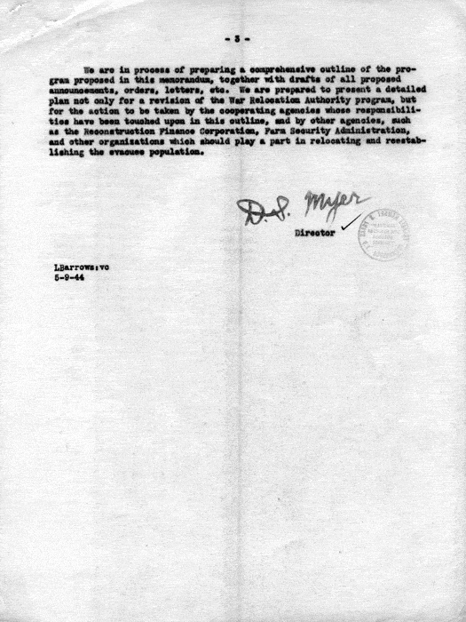 Memorandum, Dillon S. Myer to the Secretary of the Interior, May 10, 1944. Papers of Dillon S. Myer.