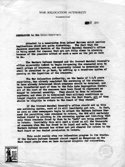 Memorandum, Dillon S. Myer to the Under Secretary of the Interior, June 2, 1944. Papers of Dillon S. Myer. 