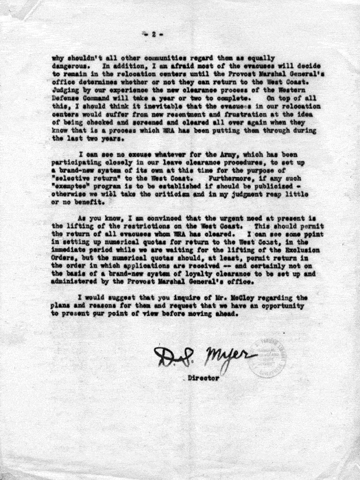 Memorandum, Dillon S. Myer to the Under Secretary of the Interior, June 2, 1944. Papers of Dillon S. Myer. 