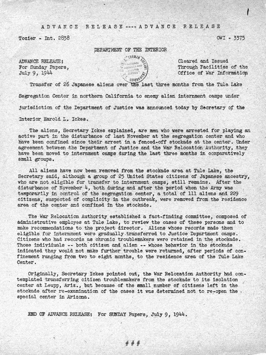 News release, Transfer of 26 Japanese aliens..., July 9, 1944. Papers of Philleo Nash. 