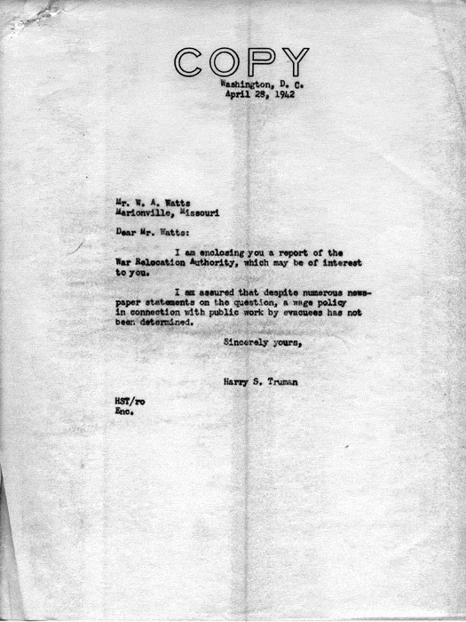Letter, Harry S. Truman to W. A. Watts, April 28, 1942; with attachment, Harry S. Truman to W. A. Watts, April 22, 1942; and W. A. Watts to Harry S. Truman, April 14, 1942. Papers of Harry S. Truman: Papers as U. S. Senator and Vice President of the United States. 