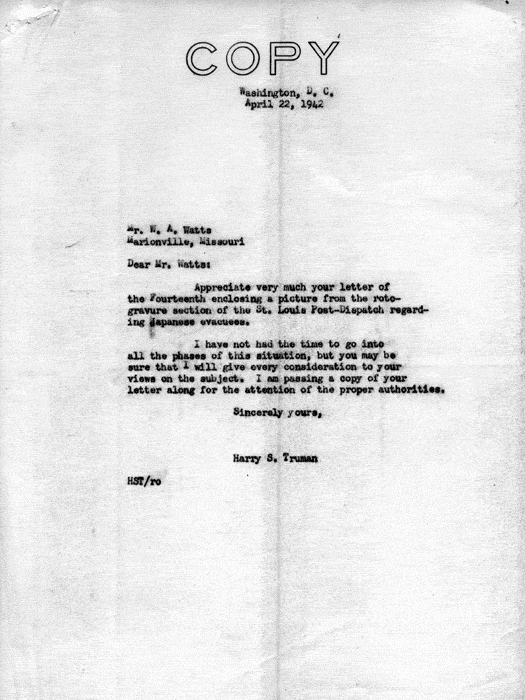 Letter, Harry S. Truman to W. A. Watts, April 28, 1942; with attachment, Harry S. Truman to W. A. Watts, April 22, 1942; and W. A. Watts to Harry S. Truman, April 14, 1942. Papers of Harry S. Truman: Papers as U. S. Senator and Vice President of the United States. 