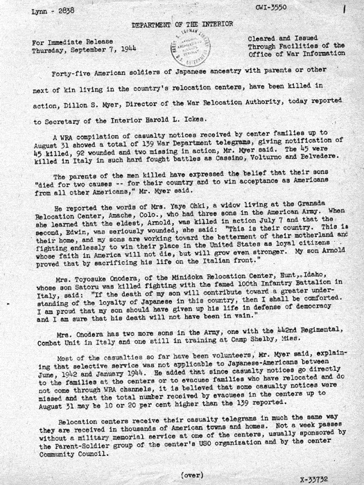 News release, Forty-five American soldiers..., September 7, 1944. Papers of Philleo Nash. 