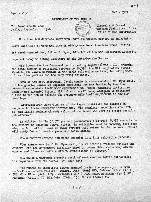 News release, More than 400 Japanese Americans..., September 8, 1944. Papers of Philleo Nash.