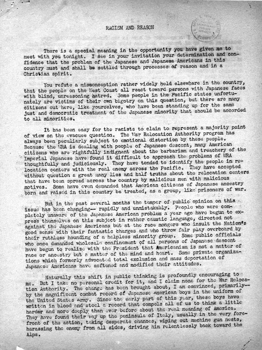 Speech, Racism and Reason, by Dillon S. Myer to an interfaith meeting sponsored by the Pacific Coast Committee on American Principles and Fair Play, Los Angeles, California, October 2, 1944. Papers of Dillon S. Myer. 