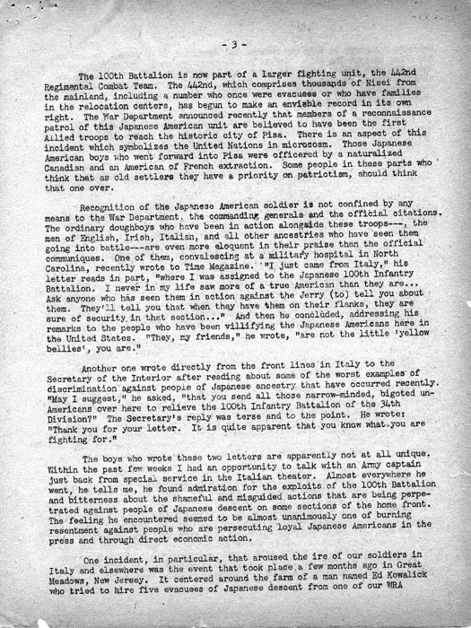Speech, Racism and Reason, by Dillon S. Myer to an interfaith meeting sponsored by the Pacific Coast Committee on American Principles and Fair Play, Los Angeles, California, October 2, 1944. Papers of Dillon S. Myer. 