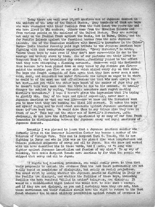 Speech, Racism and Reason, by Dillon S. Myer to an interfaith meeting sponsored by the Pacific Coast Committee on American Principles and Fair Play, Los Angeles, California, October 2, 1944. Papers of Dillon S. Myer. 