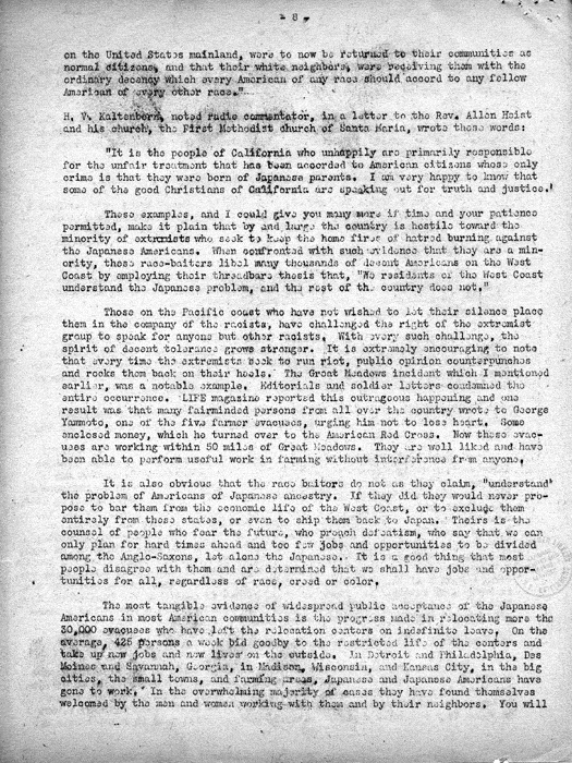 Speech, Racism and Reason, by Dillon S. Myer to an interfaith meeting sponsored by the Pacific Coast Committee on American Principles and Fair Play, Los Angeles, California, October 2, 1944. Papers of Dillon S. Myer. 