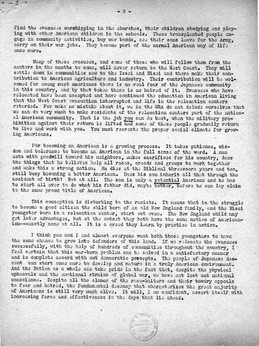 Speech, Racism and Reason, by Dillon S. Myer to an interfaith meeting sponsored by the Pacific Coast Committee on American Principles and Fair Play, Los Angeles, California, October 2, 1944. Papers of Dillon S. Myer. 