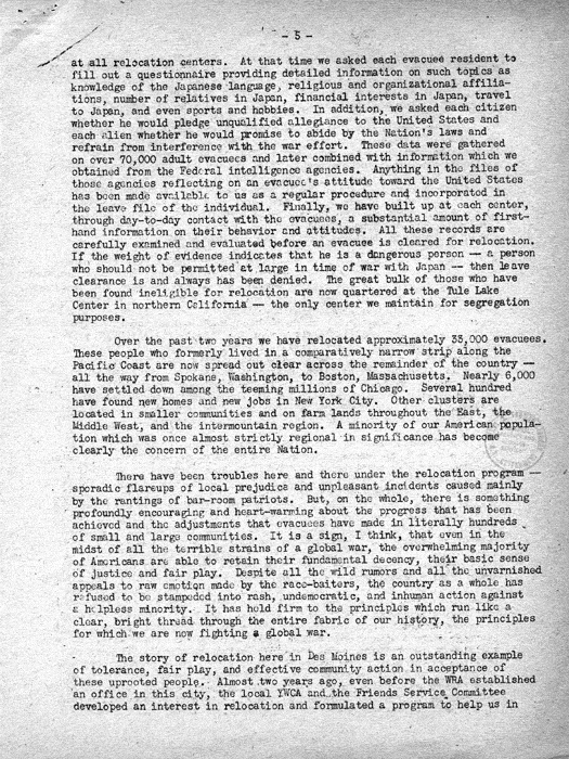 Speech, A Tenth of a Million People, by Dillon S. Myer to the Des Moines Adult Education Forum, Des Moines, Iowa, October 26, 1944. Papers of Dillon S. Myer. 