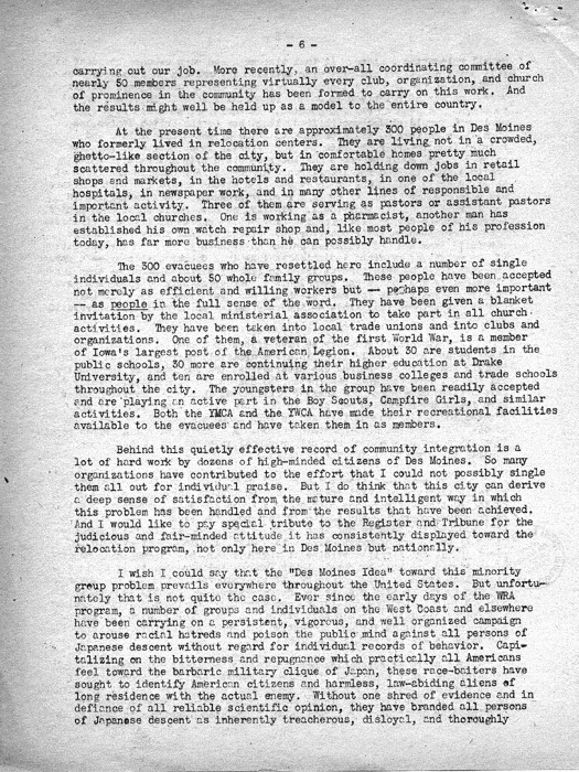 Speech, A Tenth of a Million People, by Dillon S. Myer to the Des Moines Adult Education Forum, Des Moines, Iowa, October 26, 1944. Papers of Dillon S. Myer. 