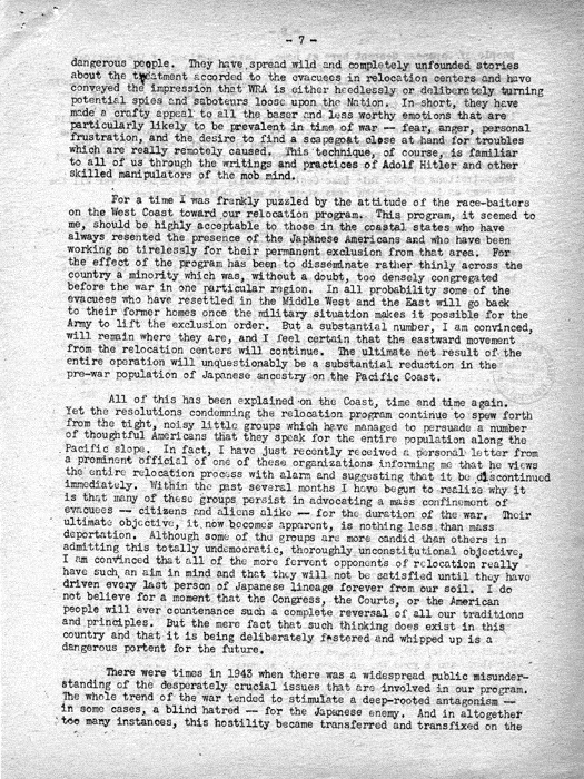 Speech, A Tenth of a Million People, by Dillon S. Myer to the Des Moines Adult Education Forum, Des Moines, Iowa, October 26, 1944. Papers of Dillon S. Myer. 