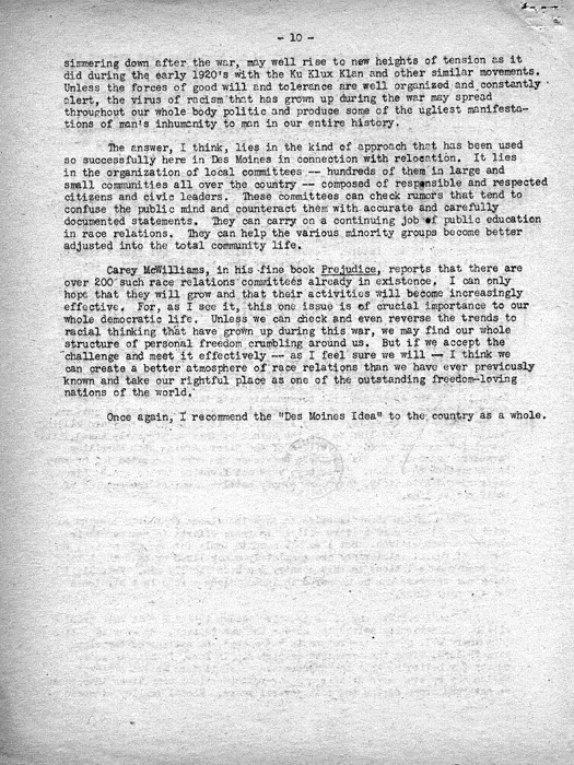 Speech, A Tenth of a Million People, by Dillon S. Myer to the Des Moines Adult Education Forum, Des Moines, Iowa, October 26, 1944. Papers of Dillon S. Myer. 