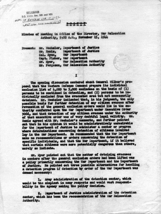 Memorandum, Minutes of Meeting in Office of the Director, War Relocation Authority, 9 A. M., November 15, 1944. Papers of Dillon S. Myer. 