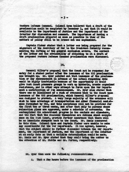 Memorandum, Minutes of Meeting in Office of the Director, War Relocation Authority, 9 A. M., November 15, 1944. Papers of Dillon S. Myer. 