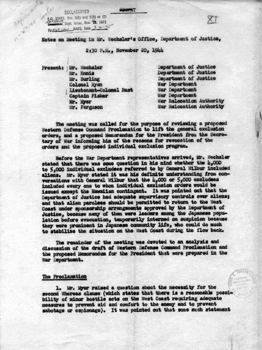 Memorandum, Notes on Meeting in Mr. Wechsler's Office, Department of Justice, 2:30 P. M., November 20, 1944. Papers of Dillon S. Myer.