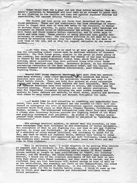 Memorandum, West Coast Speech Excerpts (January 1945). Papers of Dillon S. Myer.