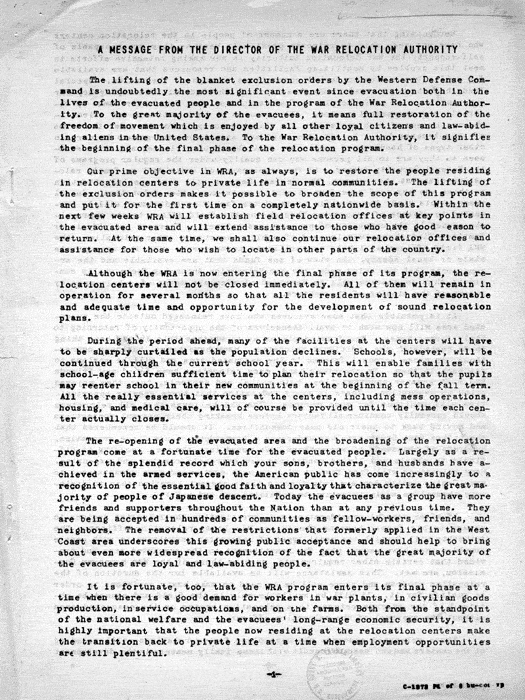 Memorandum, A Message from the Director of the War Relocation Authority [to evacuees resident in relocation centers], not dated, c. January 1945. Papers of Dillon S. Myer.