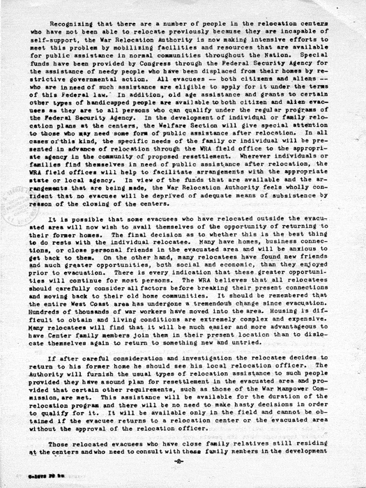 Memorandum, A Message from the Director of the War Relocation Authority [to evacuees resident in relocation centers], not dated, c. January 1945. Papers of Dillon S. Myer.