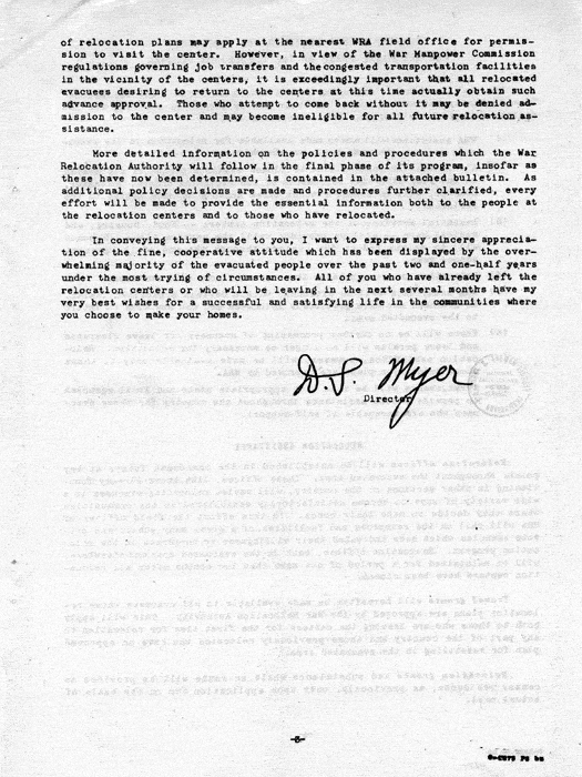 Memorandum, A Message from the Director of the War Relocation Authority [to evacuees resident in relocation centers], not dated, c. January 1945. Papers of Dillon S. Myer.