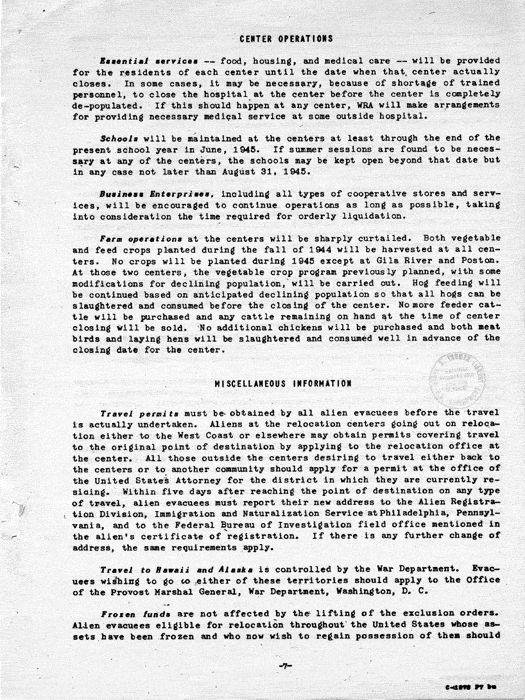 Memorandum, A Message from the Director of the War Relocation Authority [to evacuees resident in relocation centers], not dated, c. January 1945. Papers of Dillon S. Myer.