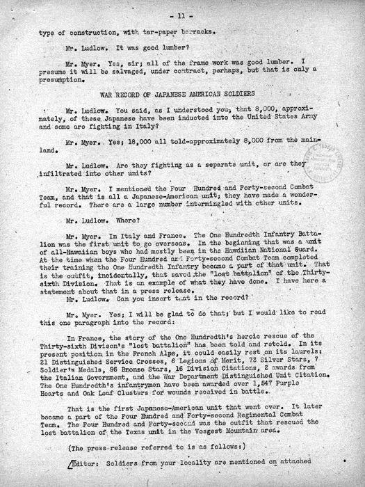 Hearing transcript, statement and testimony of Dillon S. Myer before a subcommittee of the Committee on Appropriations, House of Representatives, April 30, 1945. Papers of Dillon S. Myer.