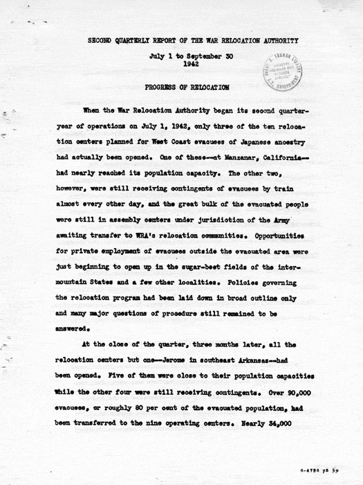 Report: Second Quarterly Report, July 1 to September 30, 1942, War Relocation Authority, not dated, c. late 1942. Papers of Philleo Nash. 