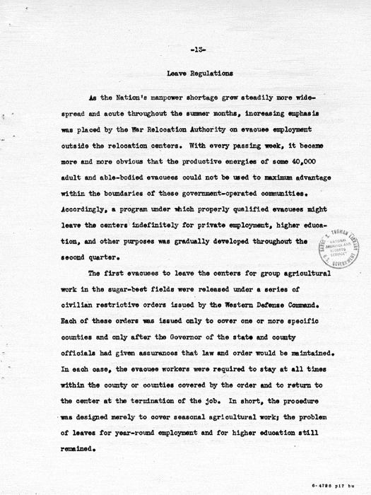 Report: Second Quarterly Report, July 1 to September 30, 1942, War Relocation Authority, not dated, c. late 1942. Papers of Philleo Nash. 