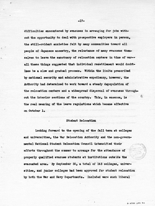 Report: Second Quarterly Report, July 1 to September 30, 1942, War Relocation Authority, not dated, c. late 1942. Papers of Philleo Nash. 