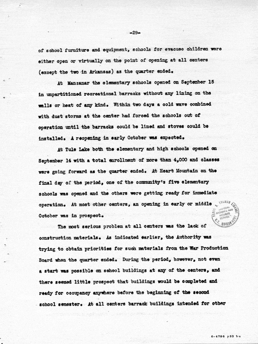 Report: Second Quarterly Report, July 1 to September 30, 1942, War Relocation Authority, not dated, c. late 1942. Papers of Philleo Nash. 