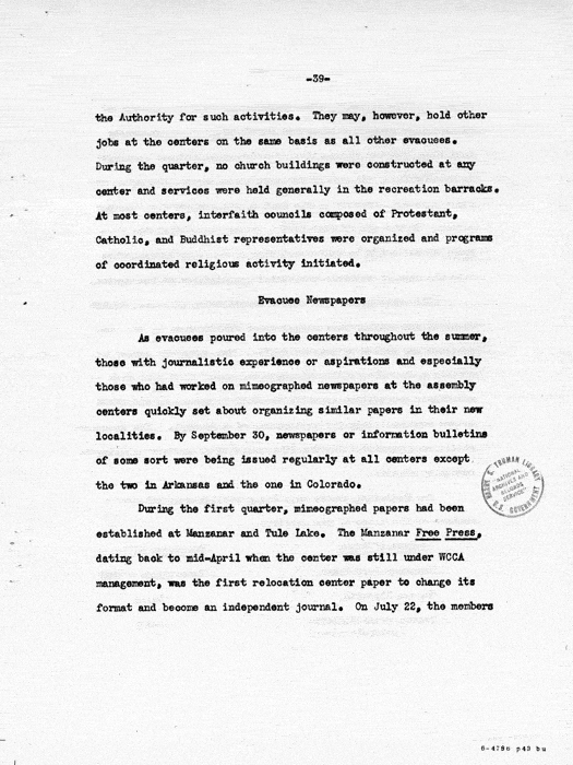 Report: Second Quarterly Report, July 1 to September 30, 1942, War Relocation Authority, not dated, c. late 1942. Papers of Philleo Nash. 