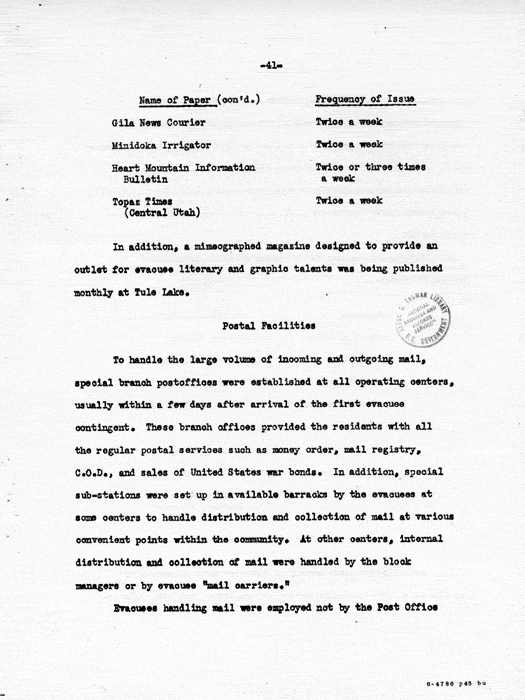 Report: Second Quarterly Report, July 1 to September 30, 1942, War Relocation Authority, not dated, c. late 1942. Papers of Philleo Nash. 