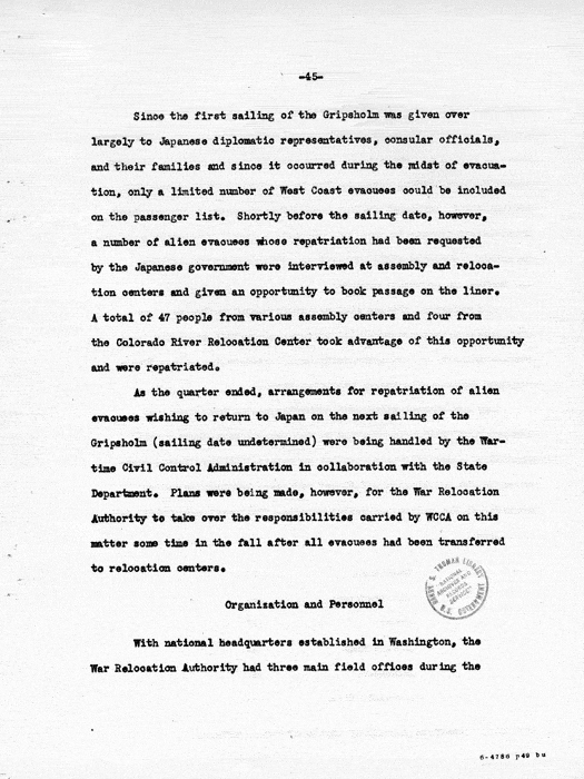 Report: Second Quarterly Report, July 1 to September 30, 1942, War Relocation Authority, not dated, c. late 1942. Papers of Philleo Nash. 