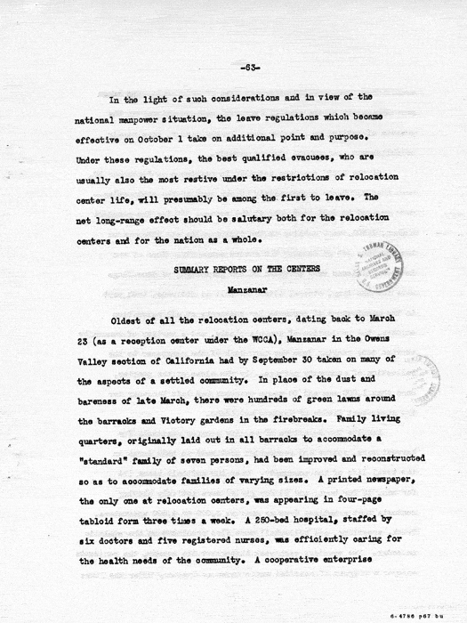 Report: Second Quarterly Report, July 1 to September 30, 1942, War Relocation Authority, not dated, c. late 1942. Papers of Philleo Nash. 