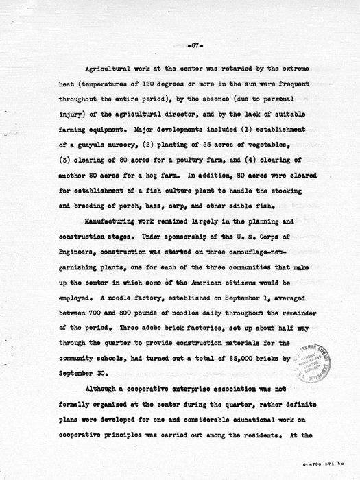 Report: Second Quarterly Report, July 1 to September 30, 1942, War Relocation Authority, not dated, c. late 1942. Papers of Philleo Nash. 