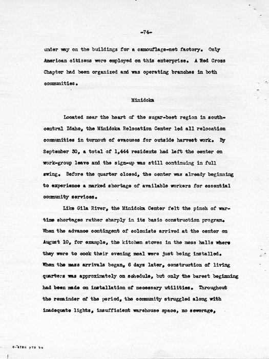 Report: Second Quarterly Report, July 1 to September 30, 1942, War Relocation Authority, not dated, c. late 1942. Papers of Philleo Nash. 