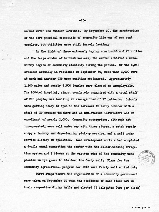 Report: Second Quarterly Report, July 1 to September 30, 1942, War Relocation Authority, not dated, c. late 1942. Papers of Philleo Nash. 