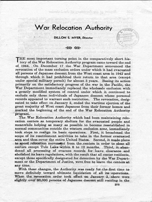 Report, Annual Report of the Director of the War Relocation Authority, to the Secretary of the Interior, for the fiscal year ended June 30, 1945, not dated, c. July 1945. Papers of Dillon S. Myer.