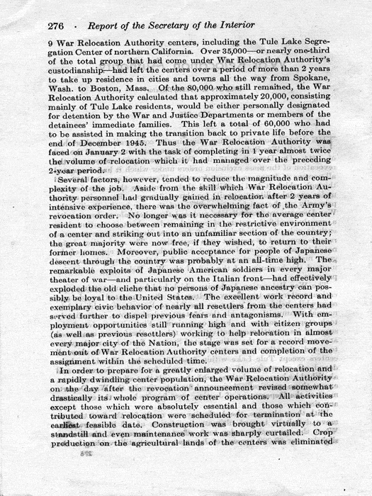 Report, Annual Report of the Director of the War Relocation Authority, to the Secretary of the Interior, for the fiscal year ended June 30, 1945, not dated, c. July 1945. Papers of Dillon S. Myer.