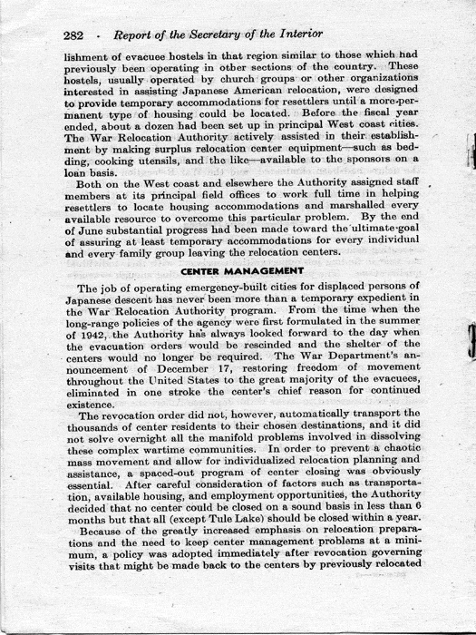 Report, Annual Report of the Director of the War Relocation Authority, to the Secretary of the Interior, for the fiscal year ended June 30, 1945, not dated, c. July 1945. Papers of Dillon S. Myer.