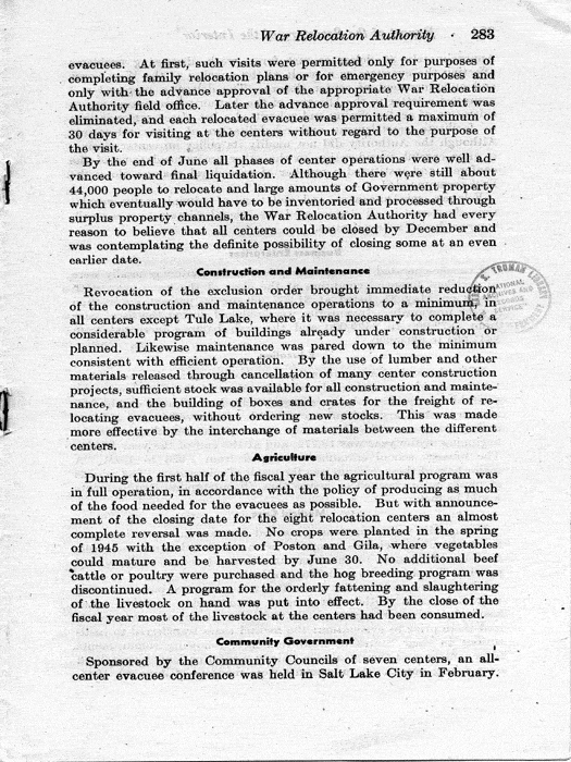 Report, Annual Report of the Director of the War Relocation Authority, to the Secretary of the Interior, for the fiscal year ended June 30, 1945, not dated, c. July 1945. Papers of Dillon S. Myer.