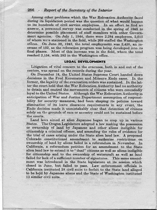 Report, Annual Report of the Director of the War Relocation Authority, to the Secretary of the Interior, for the fiscal year ended June 30, 1945, not dated, c. July 1945. Papers of Dillon S. Myer.