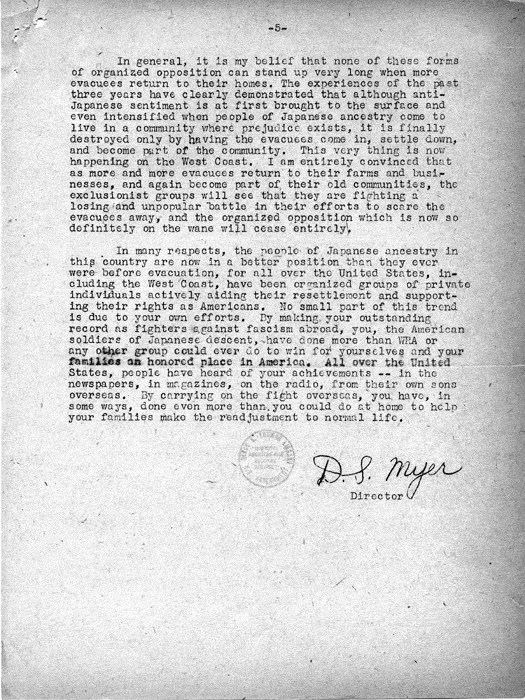 Memorandum, Dillon S. Myer, A Message to American Soldiers of Japanese Ancestry, August 1945. Papers of Dillon S. Myer. 