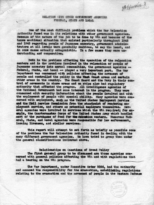 Report, Relation with Other Government Agencies, Federal, State and Local, by Dillon S. Myer, not dated, c. 1945. Papers of Dillon S. Myer. 