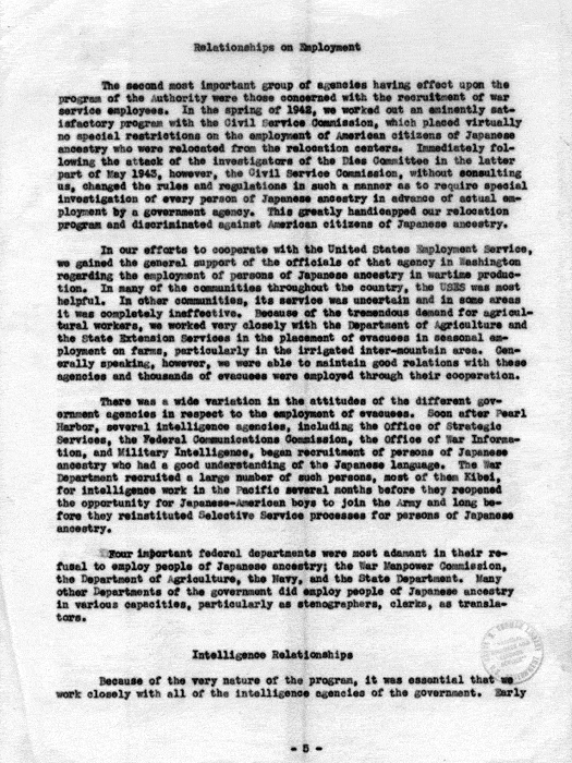 Report, Relation with Other Government Agencies, Federal, State and Local, by Dillon S. Myer, not dated, c. 1945. Papers of Dillon S. Myer. 