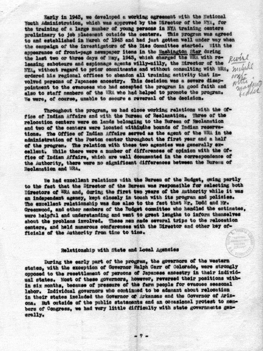 Report, Relation with Other Government Agencies, Federal, State and Local, by Dillon S. Myer, not dated, c. 1945. Papers of Dillon S. Myer. 