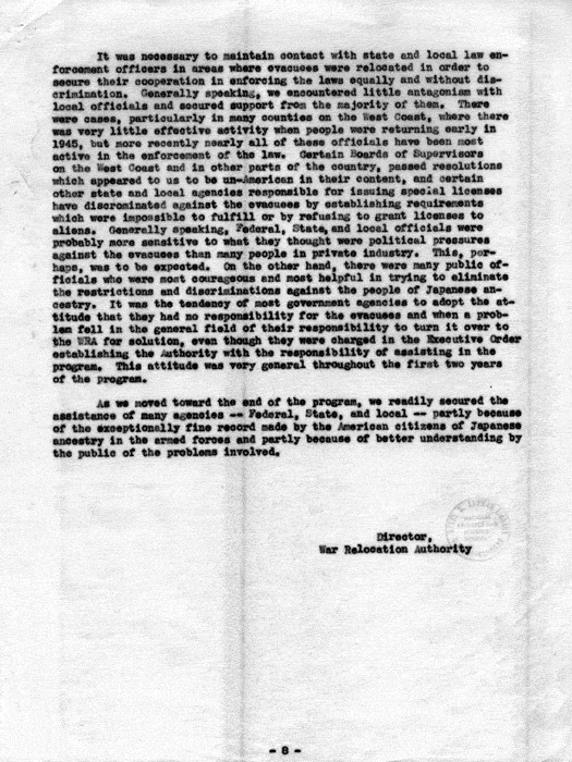 Report, Relation with Other Government Agencies, Federal, State and Local, by Dillon S. Myer, not dated, c. 1945. Papers of Dillon S. Myer. 