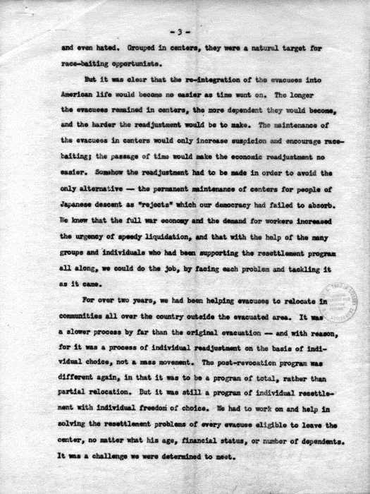 Speech, Relocation: The Final Chapter, by Dillon S. Myer, not dated, c. 1945. Papers of Dillon S. Myer. 