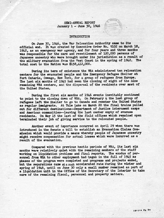 Report, Semiannual Report of the War Relocation Authority, for the period January 1 to June 30, 1946, not dated. Papers of Dillon S. Myer. (Note: Pages 3-8, 11-16, and 21-26 were missing when this document was scanned).